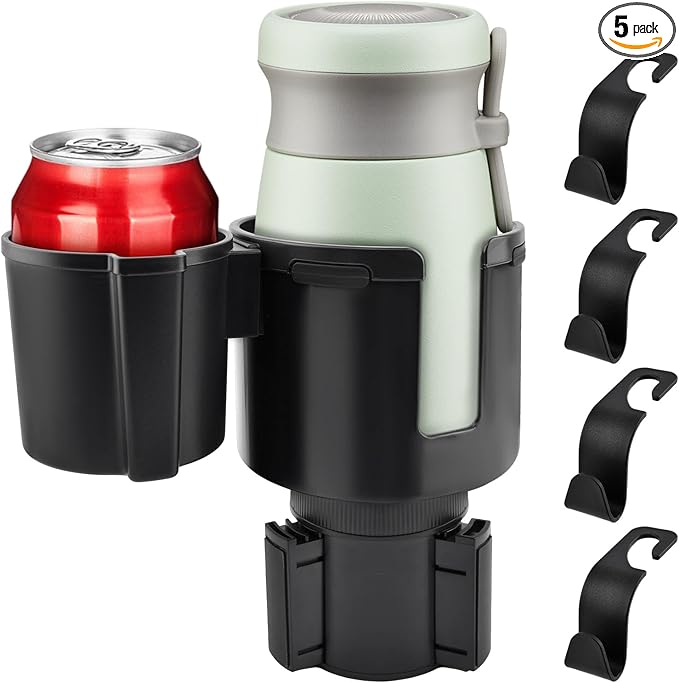 1 Pack Car Cup Holder Expander 2 in 1 Adapter with Expandable Base, Car-Seat Headrest Hook 4 Pack Hanger Storage Organizer fit Universal Vehicle Car