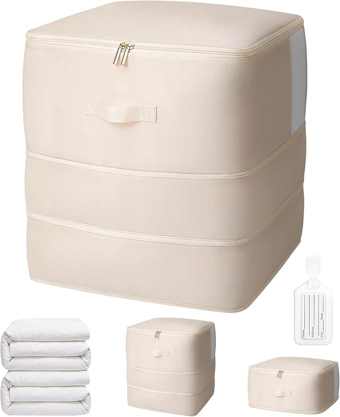 1 Pack Comforter Storage Bag, 136L Blanket Storage Bags Self Compression Comforter Organizer and torages, Space Saving Washable Compression Bags for Blanket Bedding Pillow Duvet Quilt, Beige