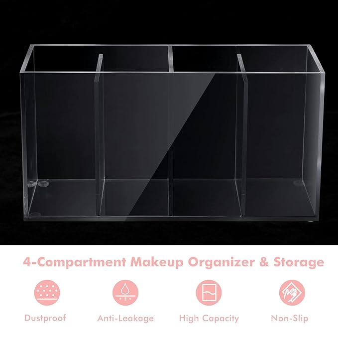1 Pack 4 Compartment Acrylic Makeup Organizer with Lid Lash Cart Organizer for Lash Techs Bathroom Storage with 4 Tray Eyelash Mascara Brushes Supplies Brush Holder for Cosmetics or Office Supplies - Image 3