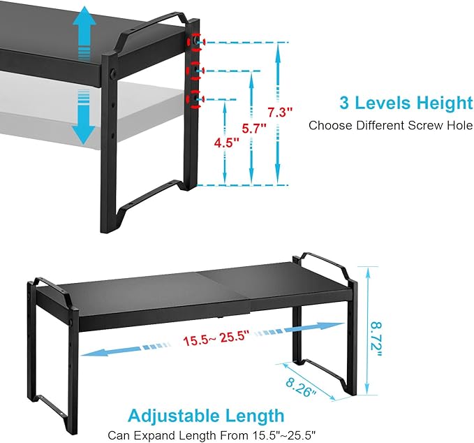 1 Pack Expandable Cabinet Countertop Shelves, Stackable Shelves Organizers for Kitchen Cabinet Countertop Storage, Adjustable Counter Cupboard Pantry Organizer Shelf Rack Stand, Length:25.5" - Image 2