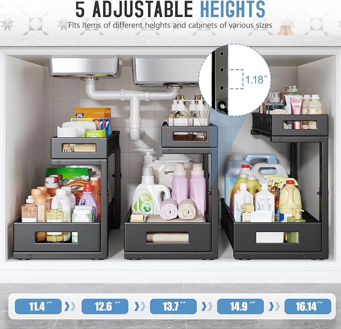 1 Pack 19IN Depth Under Sink Storage Organizer, Large 2-Tier Elegant Mesh Pull Out Shelf for Kitchen and Bathroom Cabinet Organization, L-Shaped and Adjustable Height Design-Black - Image 4
