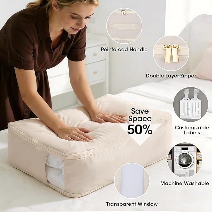 1 Pack Comforter Storage Bag, 136L Blanket Storage Bags Self Compression Comforter Organizer and torages, Space Saving Washable Compression Bags for Blanket Bedding Pillow Duvet Quilt, Beige - Image 3