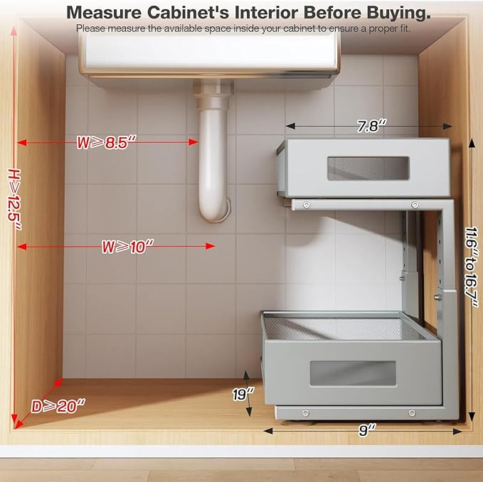 1 Pack 19IN Depth Under Sink Organizer, 2-Tier Pull Out Cabinet Organizer With Smooth Circular Rail, Large Capacity Metal Mesh Sliding Drawers For Bathroom& Kitchen Storage,Height Adjustable-Gun Gray - Image 2