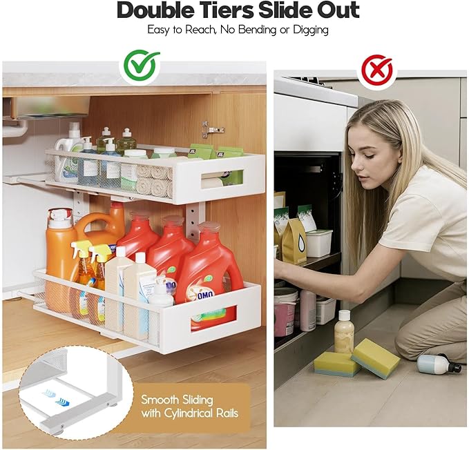 1 Pack 17IN Depth Under Sink Organizer, 2-Tier Pull Out Cabinet Organizer With Smooth Circular Rail, Large Capacity Metal Mesh Sliding Drawers For Bathroom& Kitchen Storage,Height Adjustable –White - Image 7