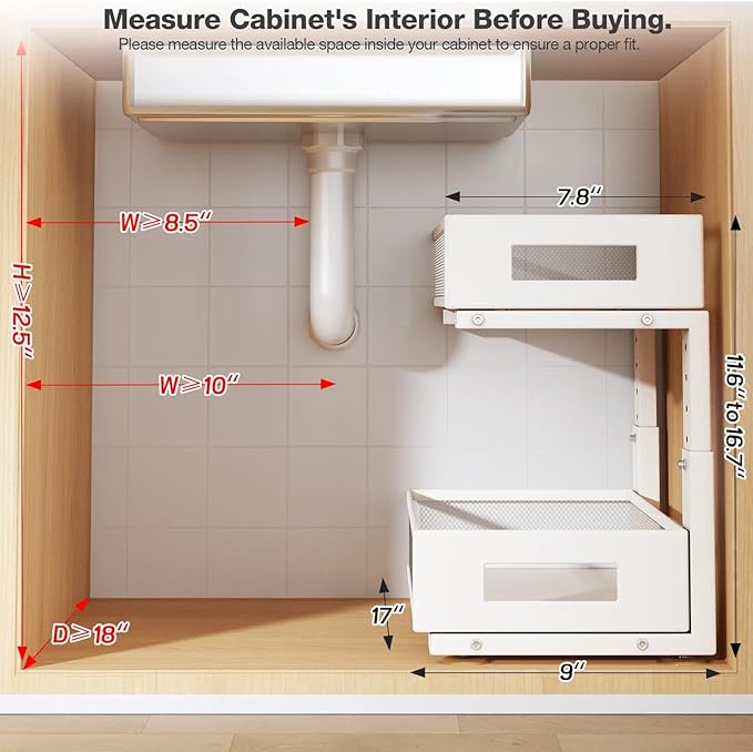 1 Pack 17IN Depth Under Sink Organizer, 2-Tier Pull Out Cabinet Organizer With Smooth Circular Rail, Large Capacity Metal Mesh Sliding Drawers For Bathroom& Kitchen Storage,Height Adjustable –White - Image 2