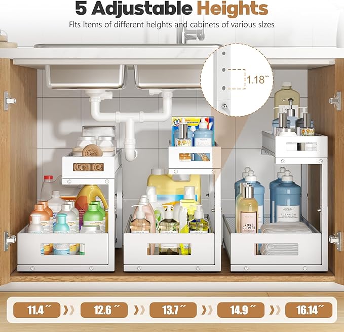 1 Pack 19IN Depth Under Sink Storage Organizer, Large 2-Tier Elegant Mesh Pull Out Shelf for Kitchen and Bathroom Cabinet Organization, L-Shaped and Adjustable Height Design-White - Image 4