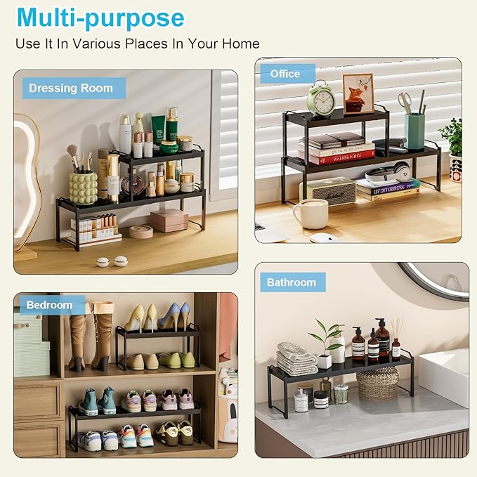1 Pack Expandable Cabinet Countertop Shelves, Stackable Shelves Organizers for Kitchen Cabinet Countertop Storage, Adjustable Counter Cupboard Pantry Organizer Shelf Rack Stand, Length:25.5" - Image 8