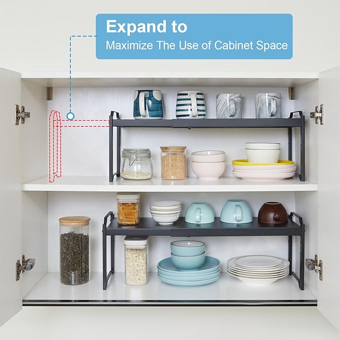 1 Pack Expandable Cabinet Countertop Shelves, Stackable Shelves Organizers for Kitchen Cabinet Countertop Storage, Adjustable Counter Cupboard Pantry Organizer Shelf Rack Stand, Length:25.5" - Image 5