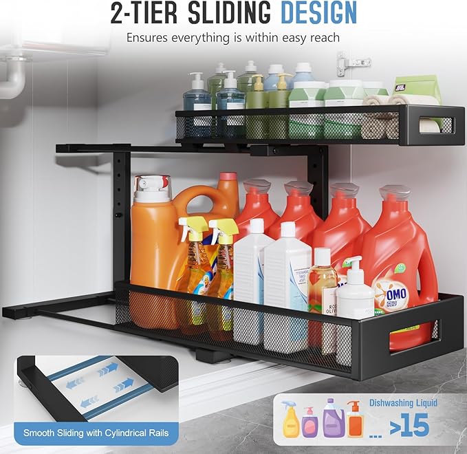 1 Pack 19IN Depth Under Sink Storage Organizer, Large 2-Tier Elegant Mesh Pull Out Shelf for Kitchen and Bathroom Cabinet Organization, L-Shaped and Adjustable Height Design-Black - Image 5