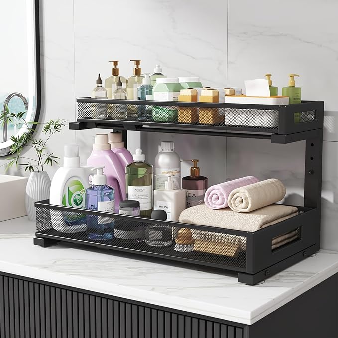 1 Pack 19IN Depth Under Sink Storage Organizer, Large 2-Tier Elegant Mesh Pull Out Shelf for Kitchen and Bathroom Cabinet Organization, L-Shaped and Adjustable Height Design-Black - Image 7