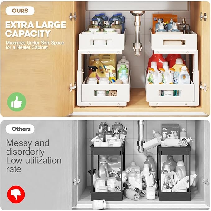 1 Pack 17IN Depth Under Sink Organizer, 2-Tier Pull Out Cabinet Organizer With Smooth Circular Rail, Large Capacity Metal Mesh Sliding Drawers For Bathroom& Kitchen Storage,Height Adjustable –White - Image 3