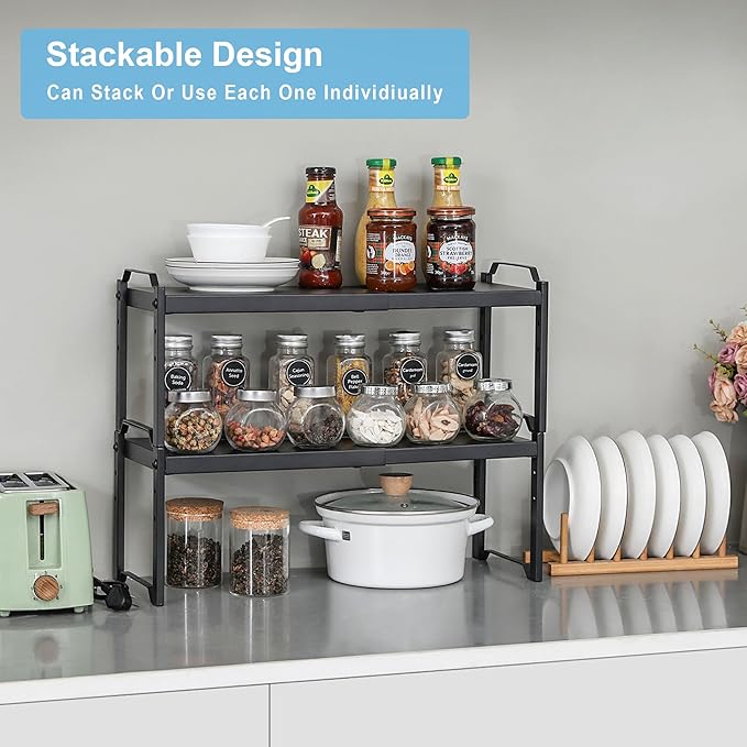 1 Pack Expandable Cabinet Countertop Shelves, Stackable Shelves Organizers for Kitchen Cabinet Countertop Storage, Adjustable Counter Cupboard Pantry Organizer Shelf Rack Stand, Length:25.5" - Image 3