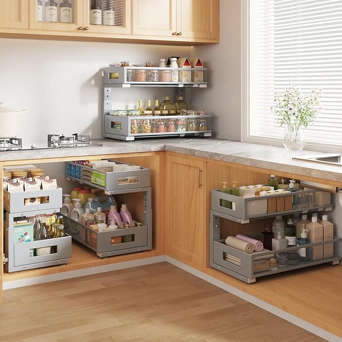 1 Pack 19IN Depth Under Sink Organizer, 2-Tier Pull Out Cabinet Organizer With Smooth Circular Rail, Large Capacity Metal Mesh Sliding Drawers For Bathroom& Kitchen Storage,Height Adjustable-Gun Gray - Image 5