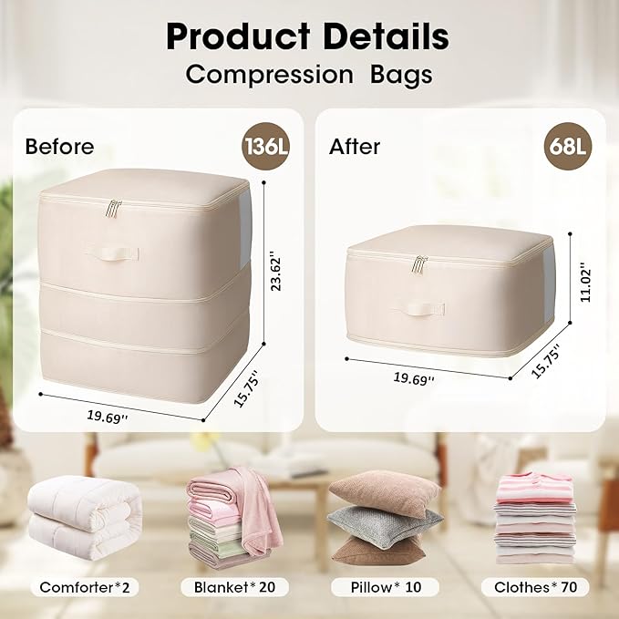 1 Pack Comforter Storage Bag, 136L Blanket Storage Bags Self Compression Comforter Organizer and torages, Space Saving Washable Compression Bags for Blanket Bedding Pillow Duvet Quilt, Beige - Image 2