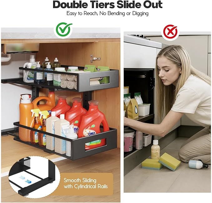 1 Pack 17IN Depth Under Sink Organizer, 2-Tier Pull Out Cabinet Organizer With Smooth Circular Rail, Large Capacity Metal Mesh Sliding Drawers For Bathroom& Kitchen Storage,Height Adjustable –Black - Image 7