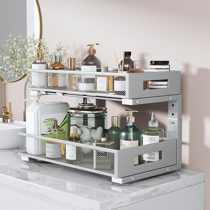 1 Pack 19IN Depth Under Sink Organizer, 2-Tier Pull Out Cabinet Organizer With Smooth Circular Rail, Large Capacity Metal Mesh Sliding Drawers For Bathroom& Kitchen Storage,Height Adjustable-Gun Gray - Image 6