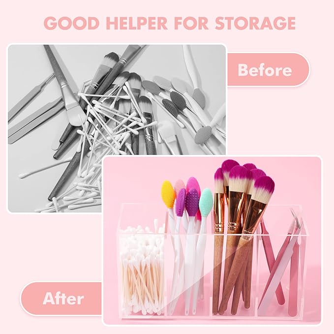 1 Pack 4 Compartment Acrylic Makeup Organizer with Lid Lash Cart Organizer for Lash Techs Bathroom Storage with 4 Tray Eyelash Mascara Brushes Supplies Brush Holder for Cosmetics or Office Supplies - Image 4