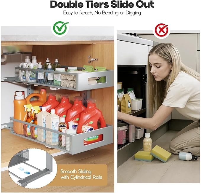 1 Pack 19IN Depth Under Sink Organizer, 2-Tier Pull Out Cabinet Organizer With Smooth Circular Rail, Large Capacity Metal Mesh Sliding Drawers For Bathroom& Kitchen Storage,Height Adjustable-Gun Gray - Image 7