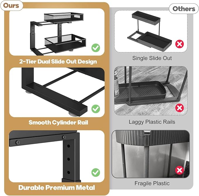 1 Pack 17IN Depth Under Sink Organizer, 2-Tier Pull Out Cabinet Organizer With Smooth Circular Rail, Large Capacity Metal Mesh Sliding Drawers For Bathroom& Kitchen Storage,Height Adjustable –Black - Image 9