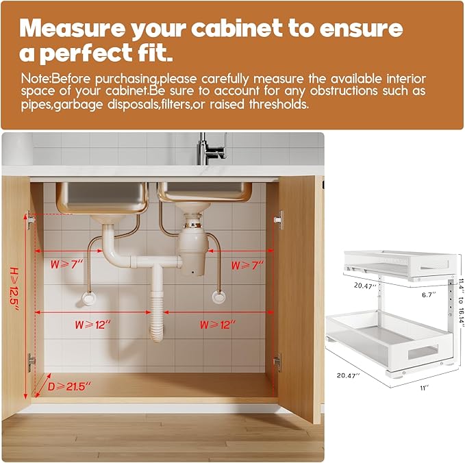 1 Pack 20.47IN Depth Under Sink Storage Organizer, Large 2-Tier Elegant Mesh Pull Out Shelf for Kitchen and Bathroom Cabinet Organization, L-Shaped and Adjustable Height Design-White - Image 2