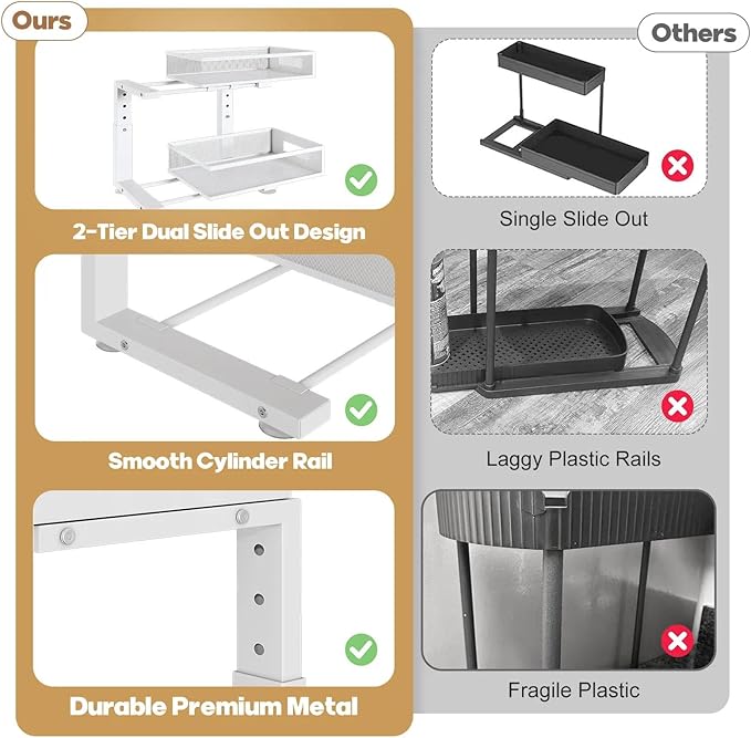1 Pack 17IN Depth Under Sink Organizer, 2-Tier Pull Out Cabinet Organizer With Smooth Circular Rail, Large Capacity Metal Mesh Sliding Drawers For Bathroom& Kitchen Storage,Height Adjustable –White - Image 9