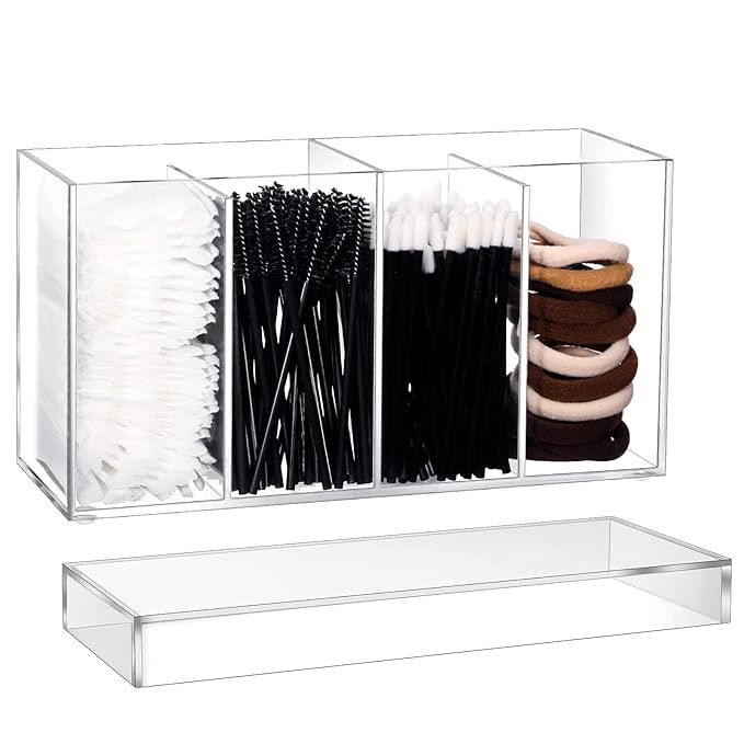 1 Pack 4 Compartment Acrylic Makeup Organizer with Lid Lash Cart Organizer for Lash Techs Bathroom Storage with 4 Tray Eyelash Mascara Brushes Supplies Brush Holder for Cosmetics or Office Supplies