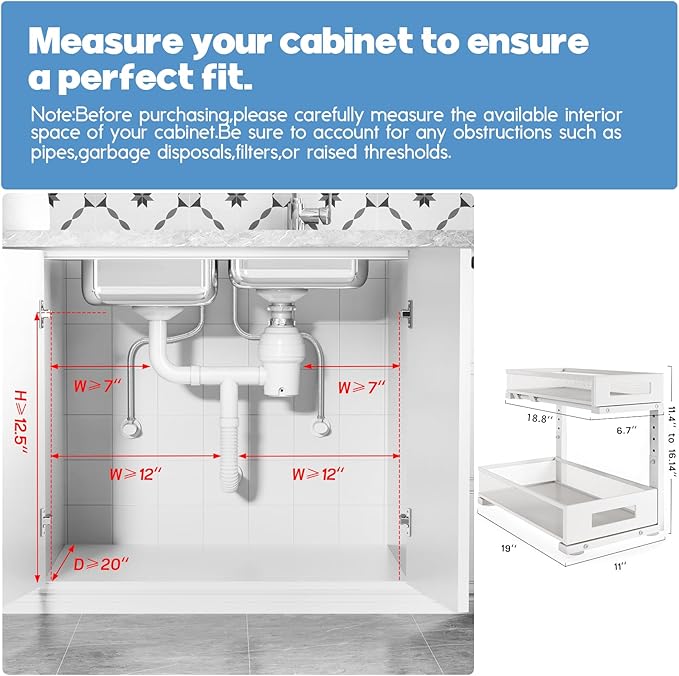 1 Pack 19IN Depth Under Sink Storage Organizer, Large 2-Tier Elegant Mesh Pull Out Shelf for Kitchen and Bathroom Cabinet Organization, L-Shaped and Adjustable Height Design-White - Image 2