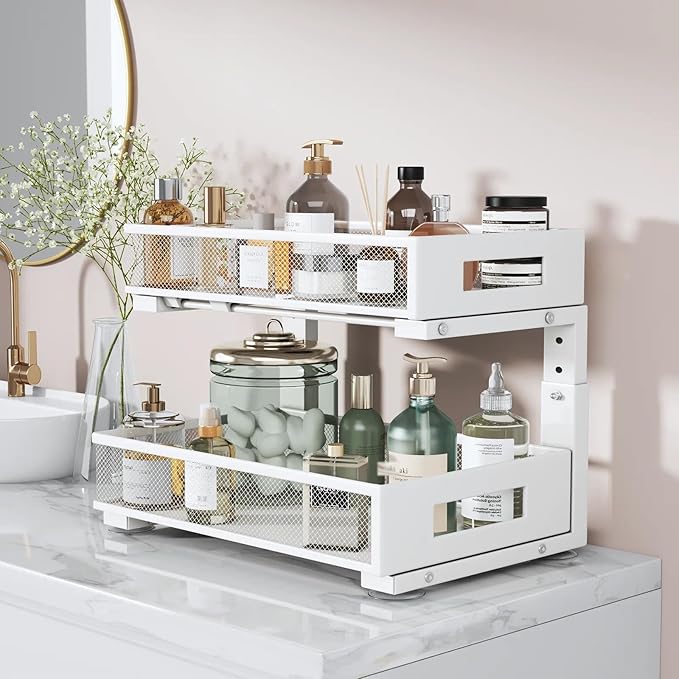1 Pack 17IN Depth Under Sink Organizer, 2-Tier Pull Out Cabinet Organizer With Smooth Circular Rail, Large Capacity Metal Mesh Sliding Drawers For Bathroom& Kitchen Storage,Height Adjustable –White - Image 5