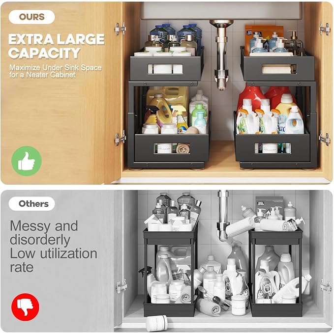 1 Pack 17IN Depth Under Sink Organizer, 2-Tier Pull Out Cabinet Organizer With Smooth Circular Rail, Large Capacity Metal Mesh Sliding Drawers For Bathroom& Kitchen Storage,Height Adjustable –Black - Image 4