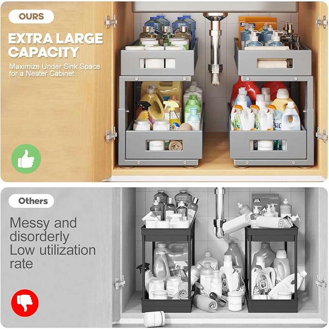1 Pack 19IN Depth Under Sink Organizer, 2-Tier Pull Out Cabinet Organizer With Smooth Circular Rail, Large Capacity Metal Mesh Sliding Drawers For Bathroom& Kitchen Storage,Height Adjustable-Gun Gray - Image 3