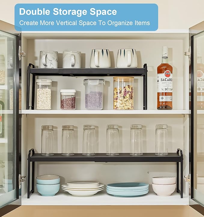 1 Pack Expandable Cabinet Countertop Shelves, Stackable Shelves Organizers for Kitchen Cabinet Countertop Storage, Adjustable Counter Cupboard Pantry Organizer Shelf Rack Stand, Length:25.5" - Image 7