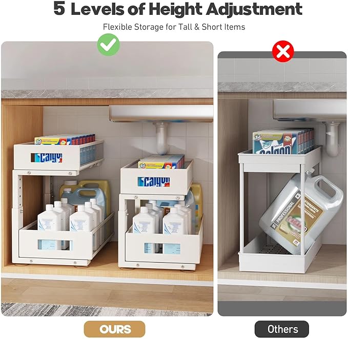 1 Pack 17IN Depth Under Sink Organizer, 2-Tier Pull Out Cabinet Organizer With Smooth Circular Rail, Large Capacity Metal Mesh Sliding Drawers For Bathroom& Kitchen Storage,Height Adjustable –White - Image 8