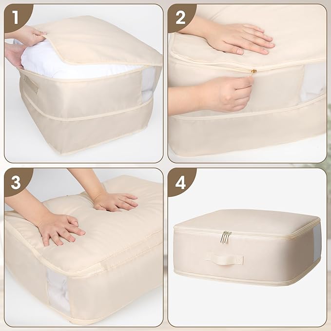1 Pack Comforter Storage Bag, 204L Blanket Storage Bags Self Compression Comforter Organizer and Storages, Space Saving Washable Compression Bags for Blanket Bedding Pillow Duvet Quilt, Beige - Image 4