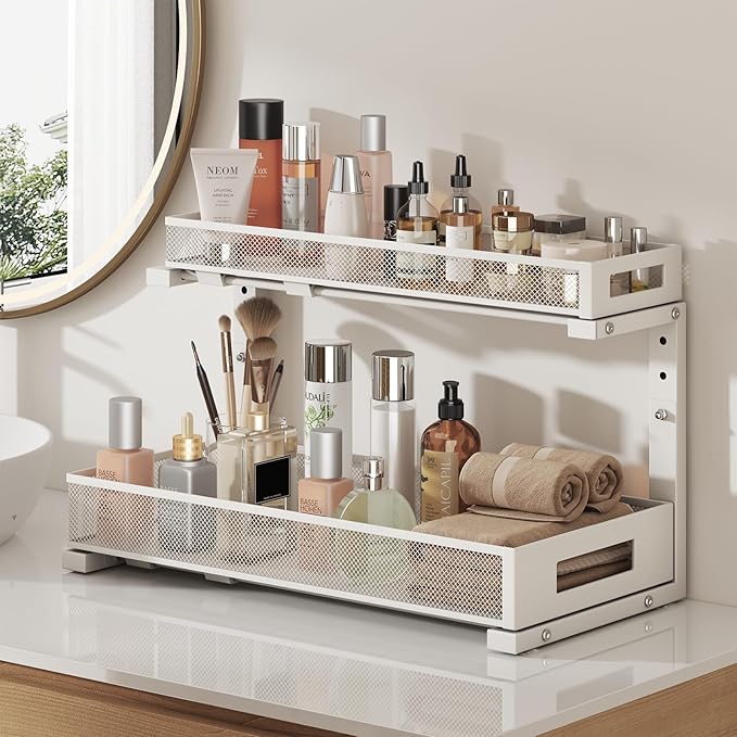 1 Pack 19IN Depth Under Sink Storage Organizer, Large 2-Tier Elegant Mesh Pull Out Shelf for Kitchen and Bathroom Cabinet Organization, L-Shaped and Adjustable Height Design-White - Image 6