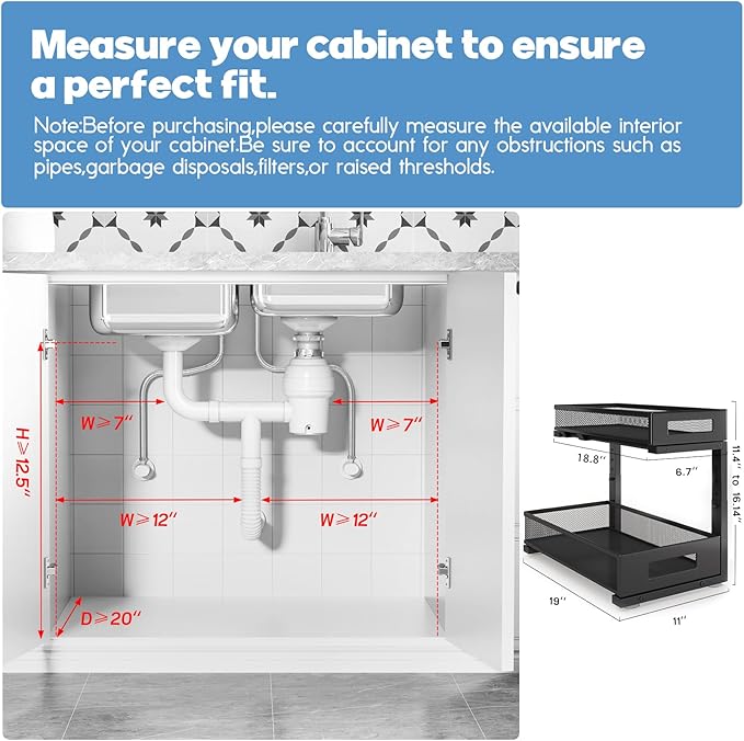 1 Pack 19IN Depth Under Sink Storage Organizer, Large 2-Tier Elegant Mesh Pull Out Shelf for Kitchen and Bathroom Cabinet Organization, L-Shaped and Adjustable Height Design-Black - Image 2