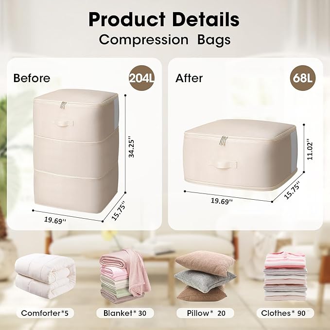 1 Pack Comforter Storage Bag, 204L Blanket Storage Bags Self Compression Comforter Organizer and Storages, Space Saving Washable Compression Bags for Blanket Bedding Pillow Duvet Quilt, Beige - Image 2
