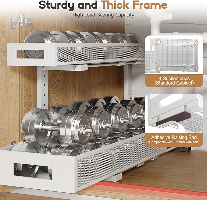 1 Pack 20.47IN Depth Under Sink Storage Organizer, Large 2-Tier Elegant Mesh Pull Out Shelf for Kitchen and Bathroom Cabinet Organization, L-Shaped and Adjustable Height Design-White - Image 3