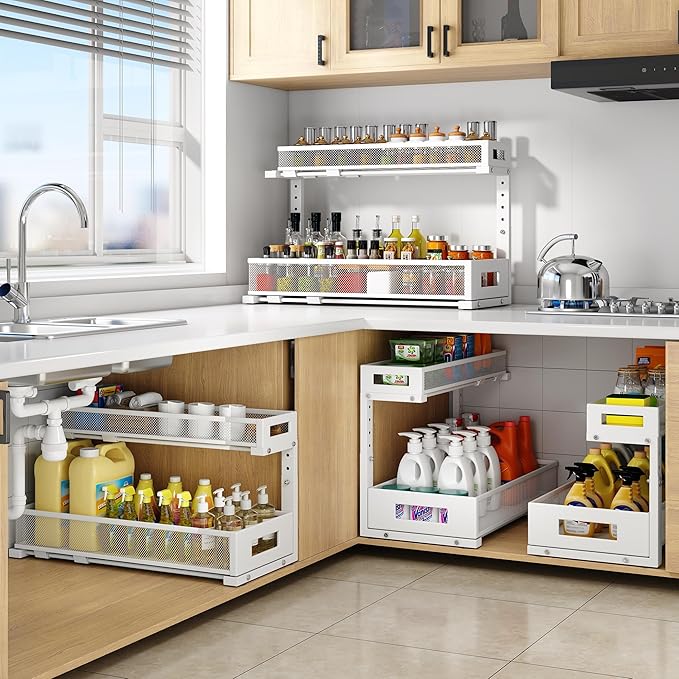 1 Pack 20.47IN Depth Under Sink Storage Organizer, Large 2-Tier Elegant Mesh Pull Out Shelf for Kitchen and Bathroom Cabinet Organization, L-Shaped and Adjustable Height Design-White - Image 6