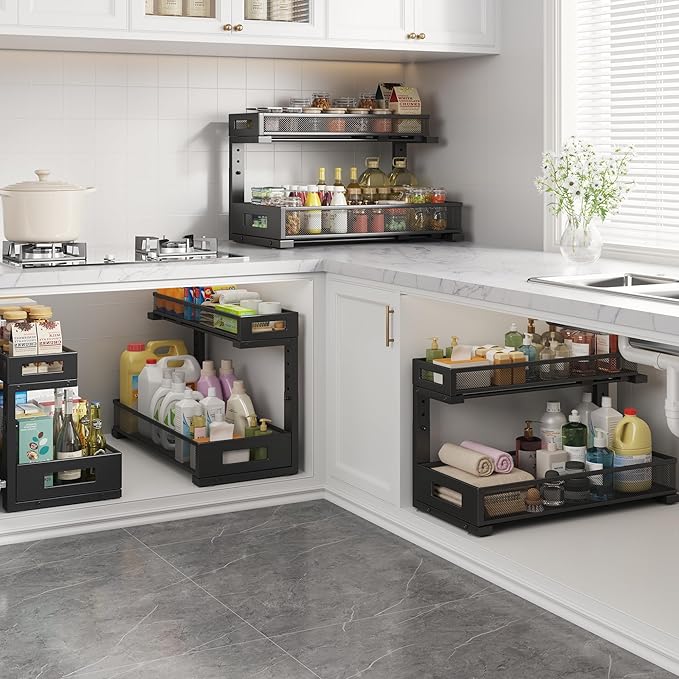 1 Pack 19IN Depth Under Sink Storage Organizer, Large 2-Tier Elegant Mesh Pull Out Shelf for Kitchen and Bathroom Cabinet Organization, L-Shaped and Adjustable Height Design-Black - Image 6