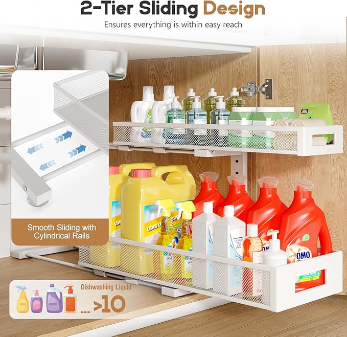 1 Pack 20.47IN Depth Under Sink Storage Organizer, Large 2-Tier Elegant Mesh Pull Out Shelf for Kitchen and Bathroom Cabinet Organization, L-Shaped and Adjustable Height Design-White - Image 4