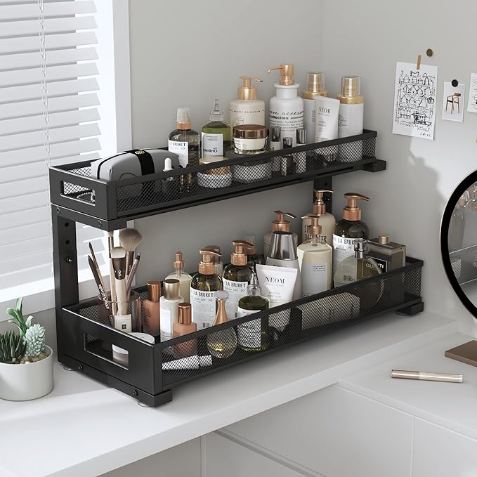 1 Pack 19IN Depth Under Sink Storage Organizer, Large 2-Tier Elegant Mesh Pull Out Shelf for Kitchen and Bathroom Cabinet Organization, L-Shaped and Adjustable Height Design-Black - Image 8