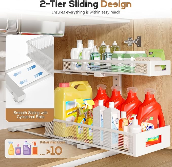 1 Pack 19IN Depth Under Sink Storage Organizer, Large 2-Tier Elegant Mesh Pull Out Shelf for Kitchen and Bathroom Cabinet Organization, L-Shaped and Adjustable Height Design-White - Image 5