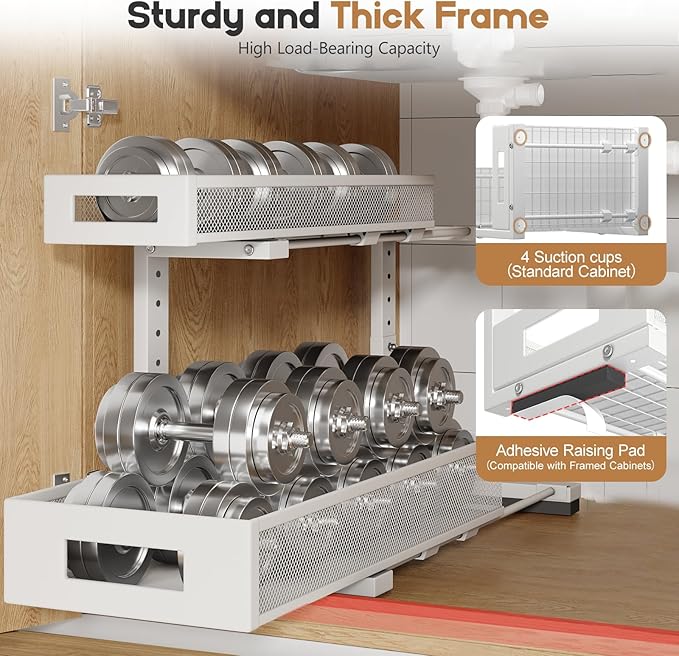 1 Pack 19IN Depth Under Sink Storage Organizer, Large 2-Tier Elegant Mesh Pull Out Shelf for Kitchen and Bathroom Cabinet Organization, L-Shaped and Adjustable Height Design-White - Image 3