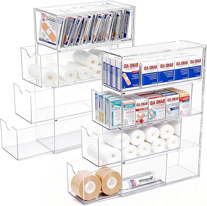 1 Pack Bandage Organizer with Lid, Acrylic Bandaid Holder with 4 Clear Drawers Band Aid Storage Container for Home Office Drawer Cabinet