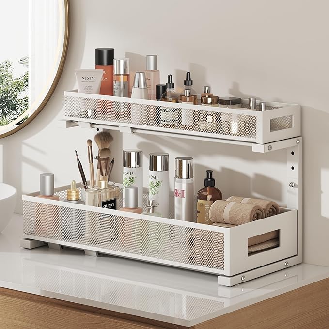 1 Pack 20.47IN Depth Under Sink Storage Organizer, Large 2-Tier Elegant Mesh Pull Out Shelf for Kitchen and Bathroom Cabinet Organization, L-Shaped and Adjustable Height Design-White - Image 7