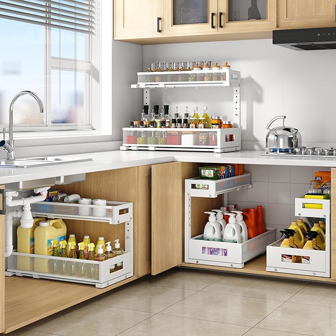 1 Pack 19IN Depth Under Sink Storage Organizer, Large 2-Tier Elegant Mesh Pull Out Shelf for Kitchen and Bathroom Cabinet Organization, L-Shaped and Adjustable Height Design-White - Image 7